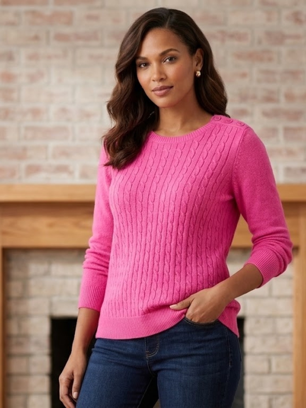 Talbots Bright Pink Cable-Knit Crewneck Sweater